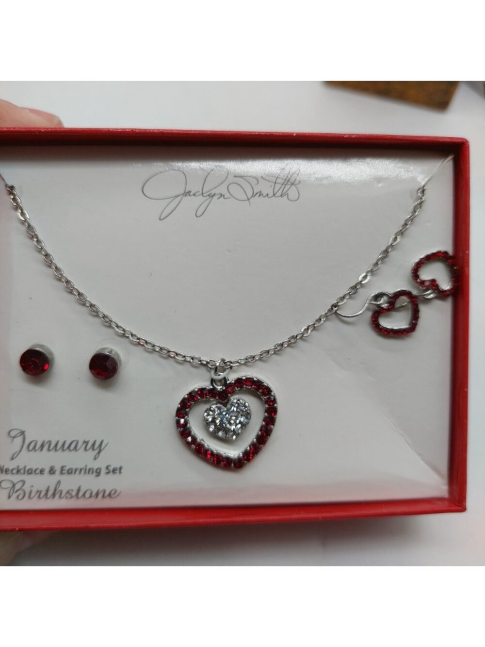 Jacqueline Smith January Birthstone Heart Necklace Earring Boxes Set Silver Tone